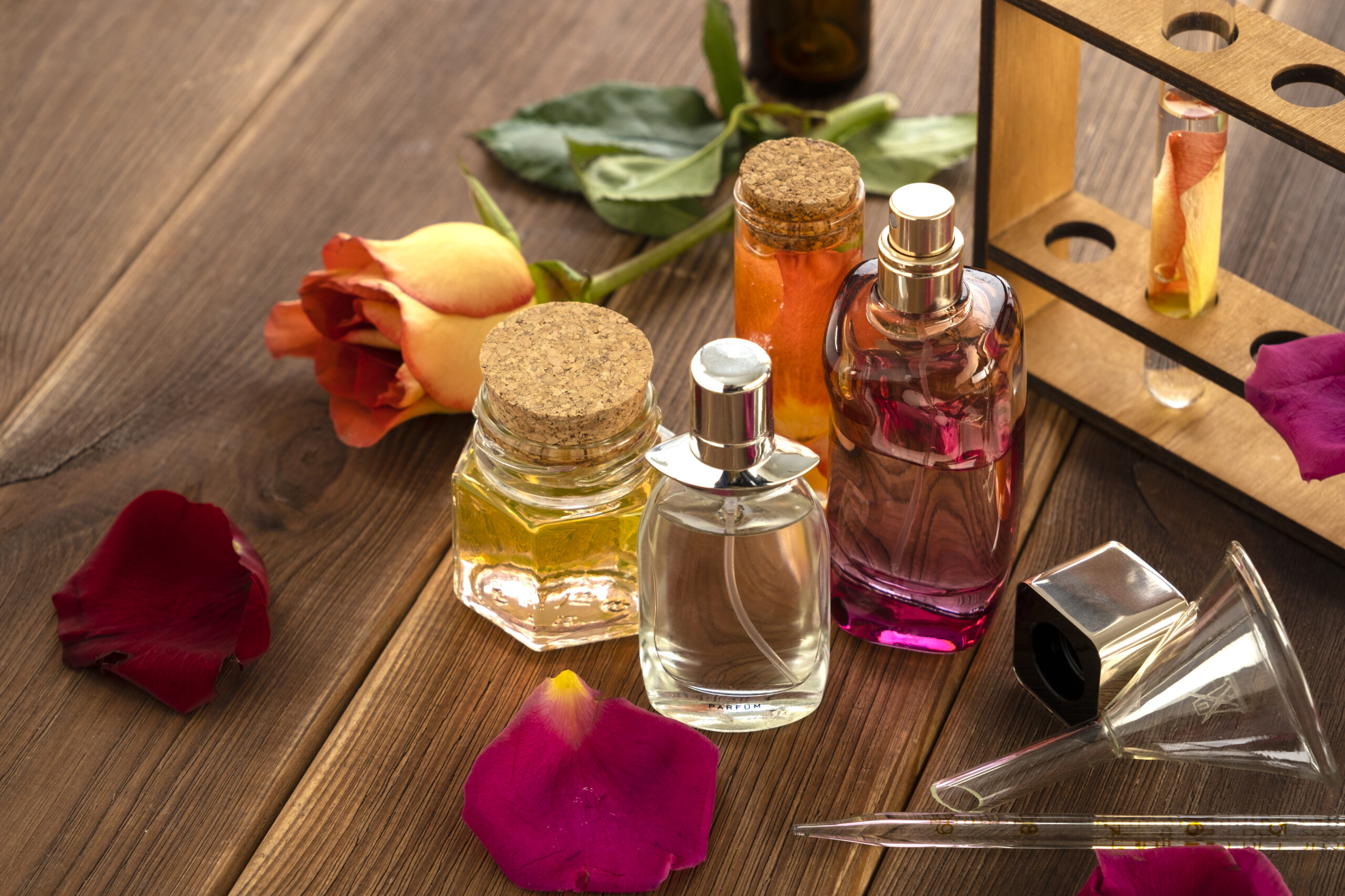 Preparation of perfumes from natural ingredients, aromatherapy. Fresh flowers in chemical flasks and test tubes.
